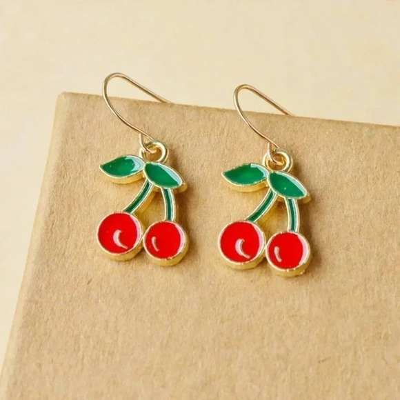 Handmade Enameled Red Cherries Charm Earrings - Picture 1 of 1